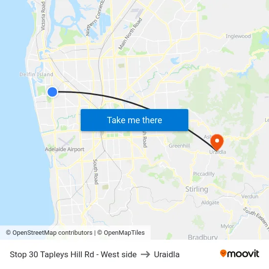 Stop 30 Tapleys Hill Rd - West side to Uraidla map