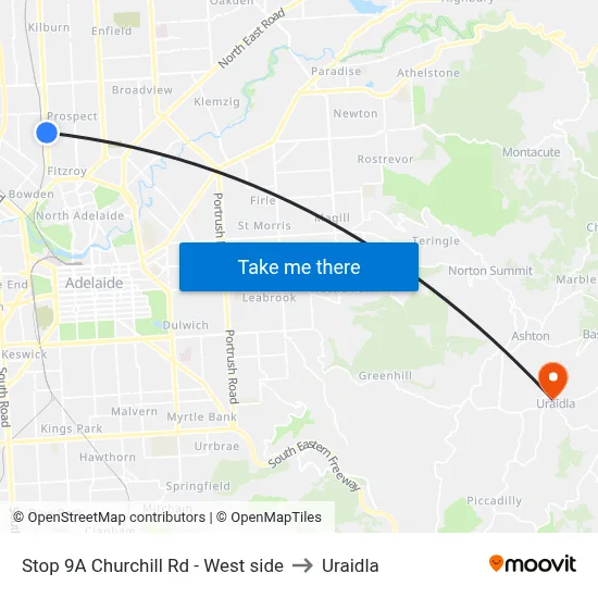 Stop 9A Churchill Rd - West side to Uraidla map