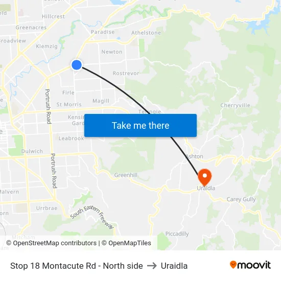 Stop 18 Montacute Rd - North side to Uraidla map