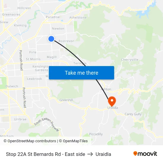Stop 22A St Bernards Rd - East side to Uraidla map