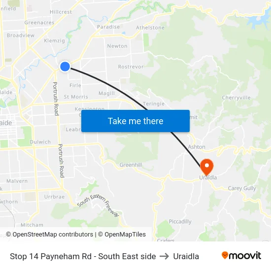 Stop 14 Payneham Rd - South East side to Uraidla map