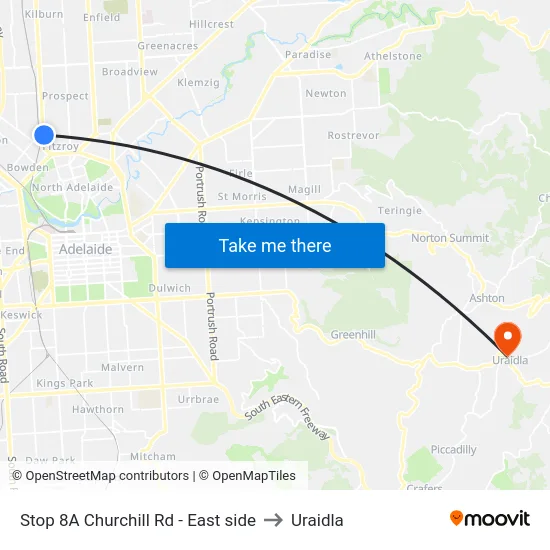 Stop 8A Churchill Rd - East side to Uraidla map