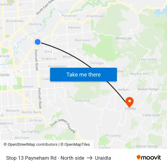 Stop 13 Payneham Rd - North side to Uraidla map