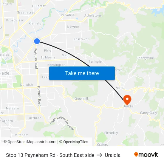 Stop 13 Payneham Rd - South East side to Uraidla map