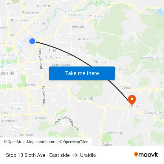 Stop 13 Sixth Ave - East side to Uraidla map