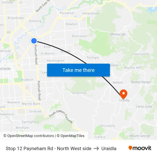 Stop 12 Payneham Rd - North West side to Uraidla map