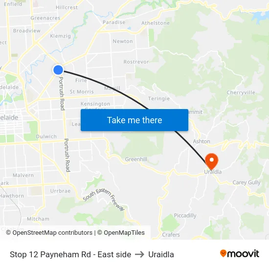 Stop 12 Payneham Rd - East side to Uraidla map