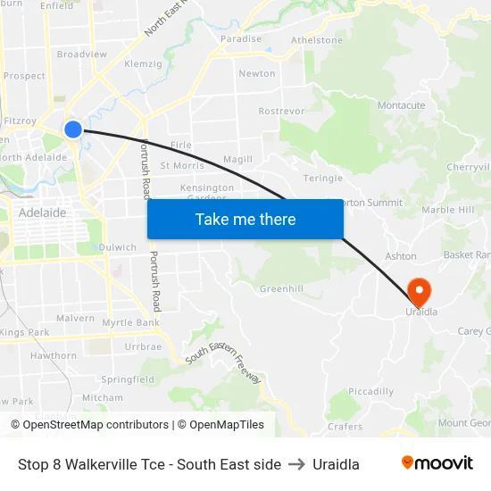 Stop 8 Walkerville Tce - South East side to Uraidla map