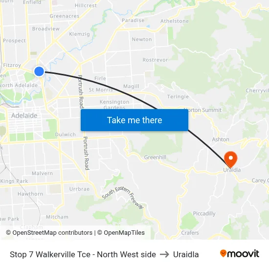 Stop 7 Walkerville Tce - North West side to Uraidla map