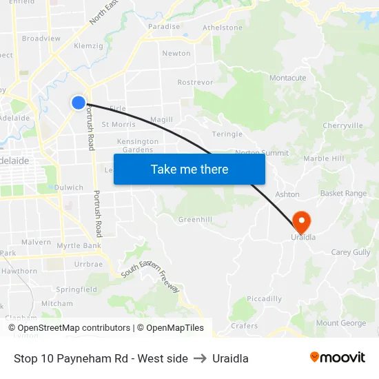 Stop 10 Payneham Rd - West side to Uraidla map