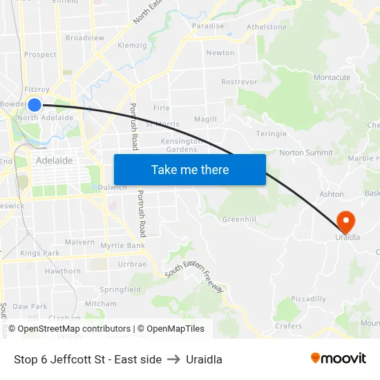Stop 6 Jeffcott St - East side to Uraidla map