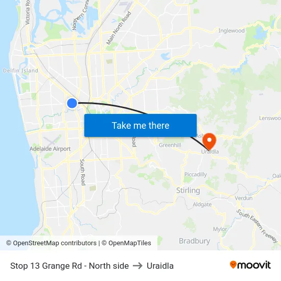 Stop 13 Grange Rd - North side to Uraidla map