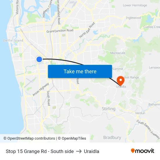 Stop 15 Grange Rd - South side to Uraidla map