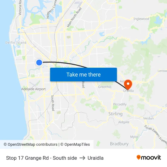 Stop 17 Grange Rd - South side to Uraidla map