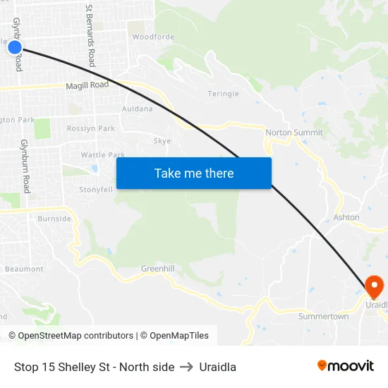 Stop 15 Shelley St - North side to Uraidla map