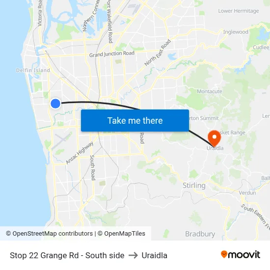 Stop 22 Grange Rd - South side to Uraidla map