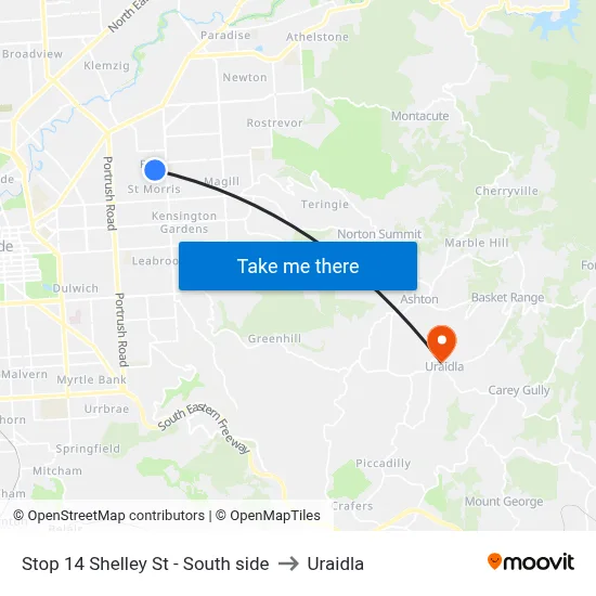 Stop 14 Shelley St - South side to Uraidla map
