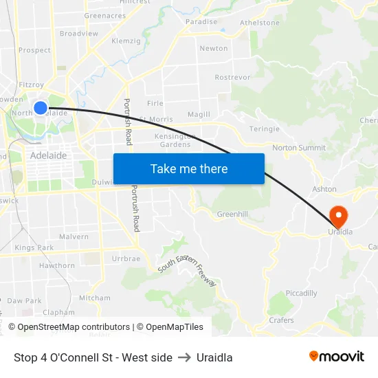 Stop 4 O'Connell St - West side to Uraidla map