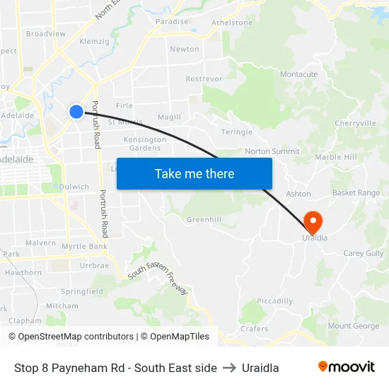 Stop 8 Payneham Rd - South East side to Uraidla map