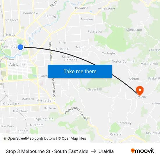 Stop 3 Melbourne St - South East side to Uraidla map