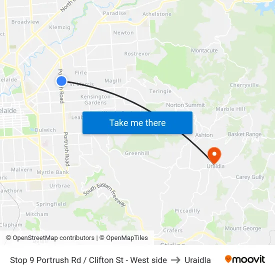 Stop 9 Portrush Rd / Clifton St - West side to Uraidla map