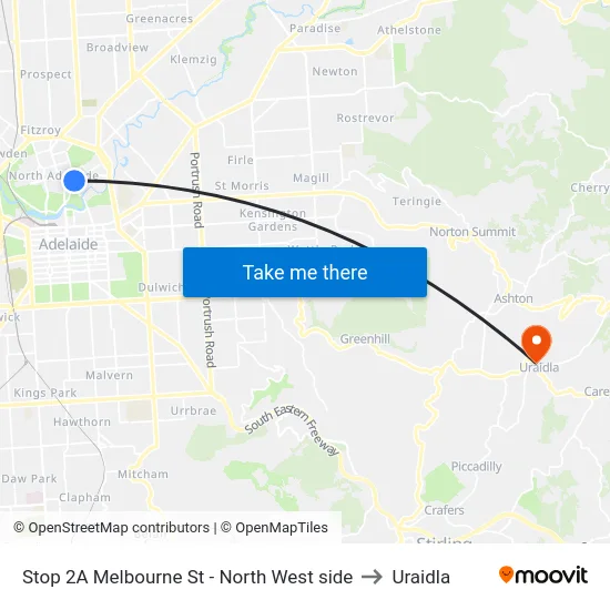 Stop 2A Melbourne St - North West side to Uraidla map