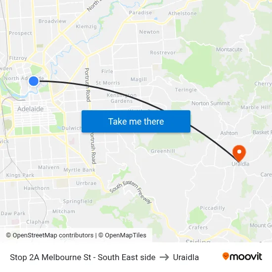 Stop 2A Melbourne St - South East side to Uraidla map