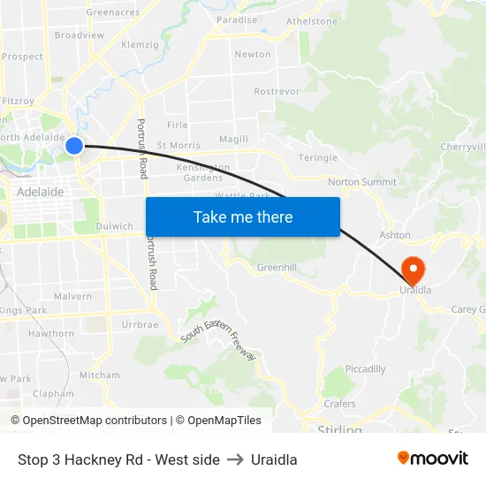 Stop 3 Hackney Rd - West side to Uraidla map