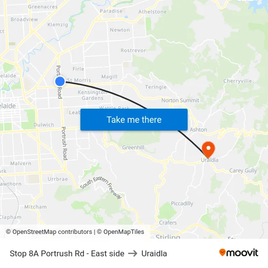 Stop 8A Portrush Rd - East side to Uraidla map