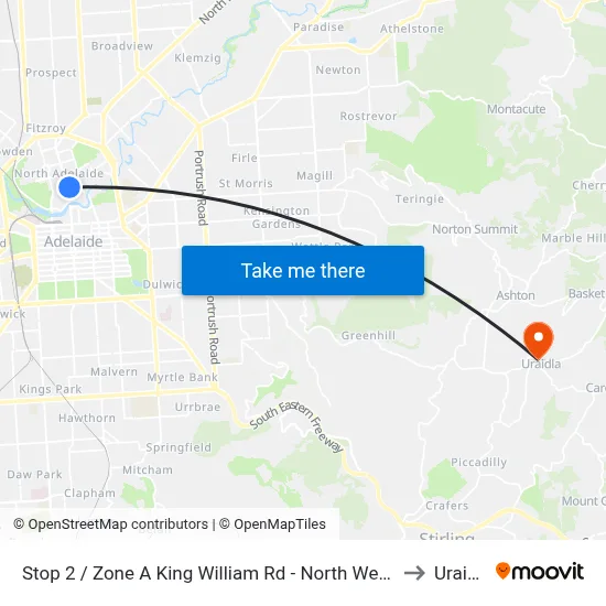 Stop 2 / Zone A King William Rd - North West side to Uraidla map