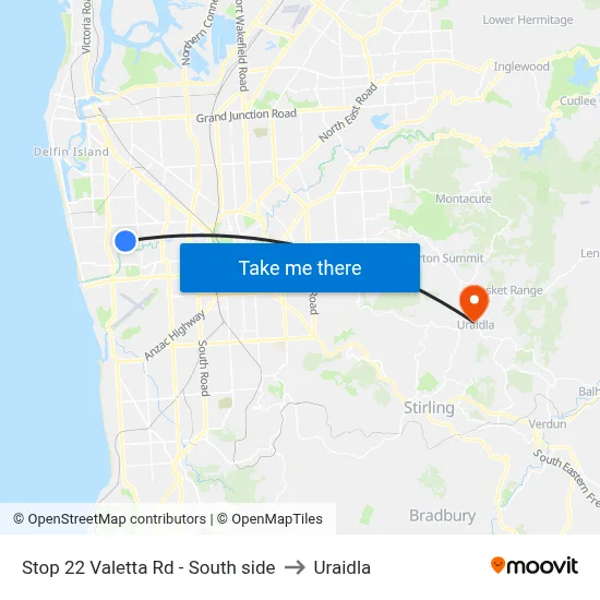 Stop 22 Valetta Rd - South side to Uraidla map