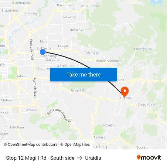 Stop 12 Magill Rd - South side to Uraidla map