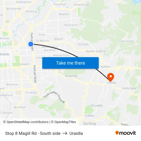 Stop 8 Magill Rd - South side to Uraidla map