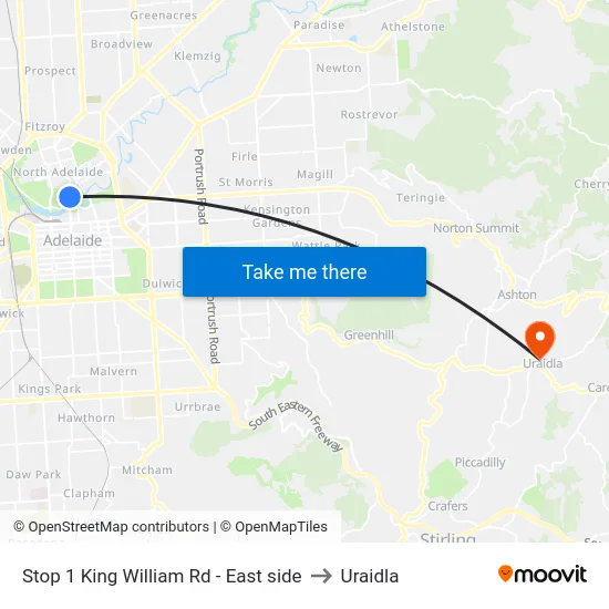 Stop 1 King William Rd - East side to Uraidla map
