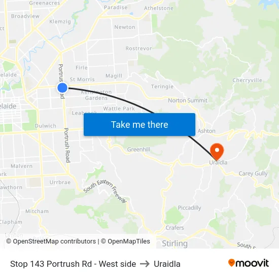 Stop 143 Portrush Rd - West side to Uraidla map