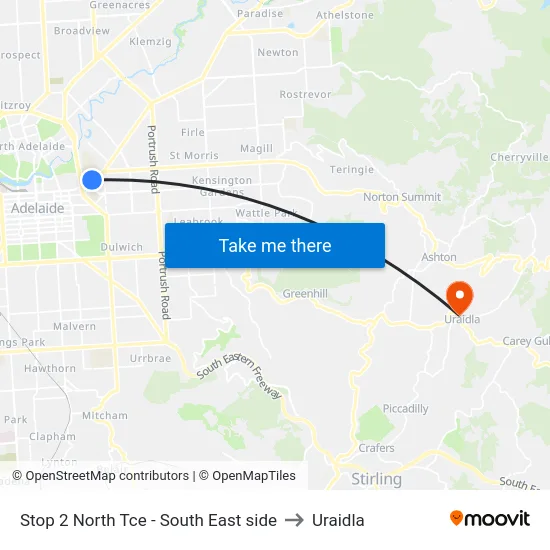 Stop 2 North Tce - South East side to Uraidla map