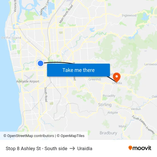 Stop 8 Ashley St - South side to Uraidla map
