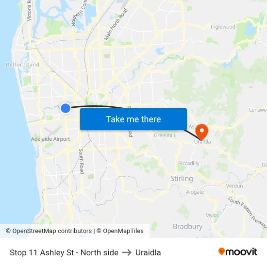 Stop 11 Ashley St - North side to Uraidla map