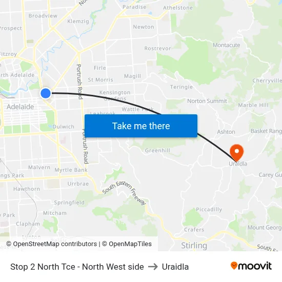 Stop 2 North Tce - North West side to Uraidla map