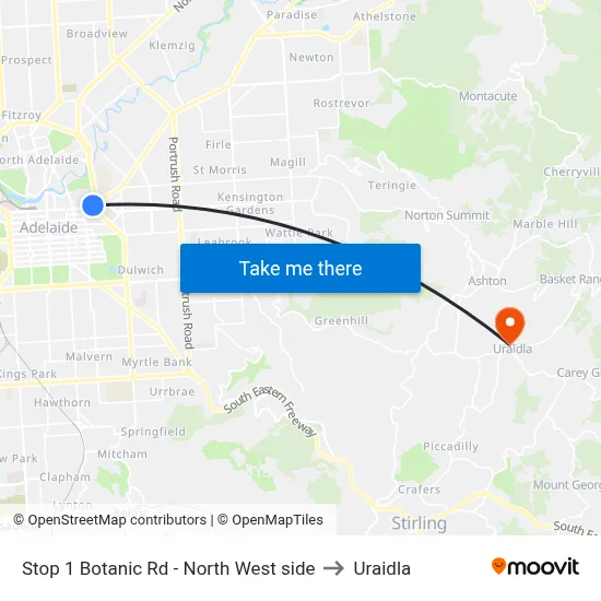 Stop 1 Botanic Rd - North West side to Uraidla map