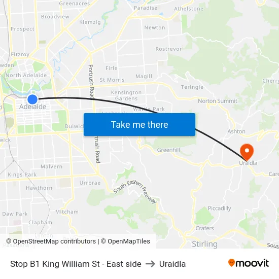 Stop B1 King William St - East side to Uraidla map