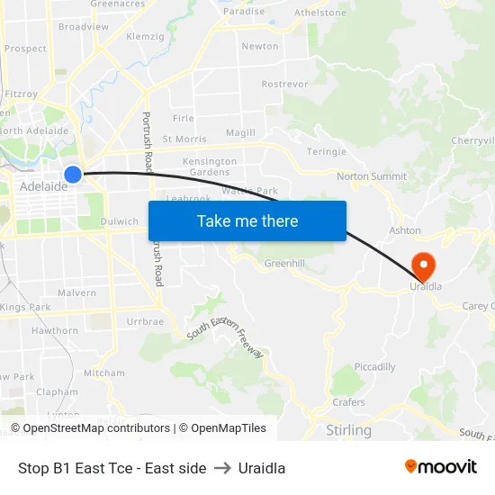 Stop B1 East Tce - East side to Uraidla map
