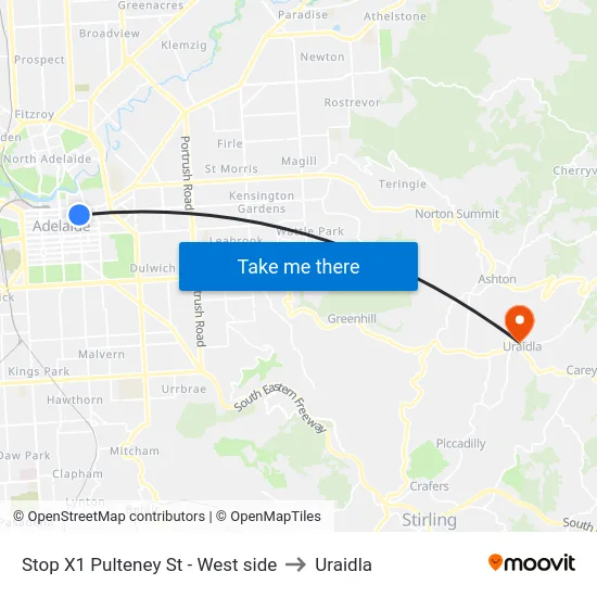 Stop X1 Pulteney St - West side to Uraidla map