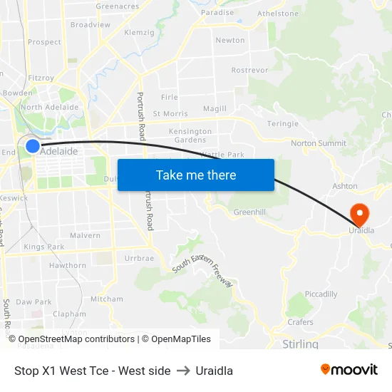 Stop X1 West Tce - West side to Uraidla map