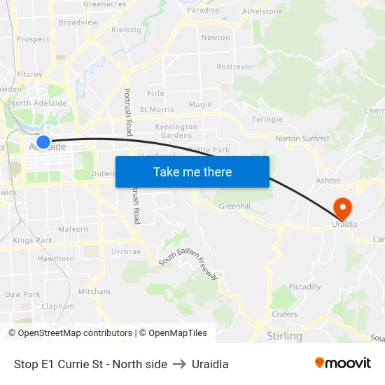 Stop E1 Currie St - North side to Uraidla map