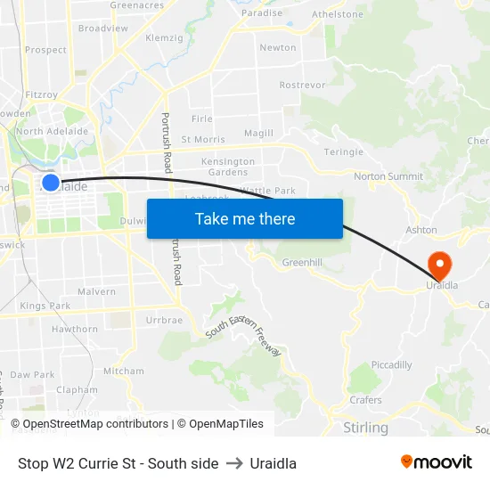Stop W2 Currie St - South side to Uraidla map
