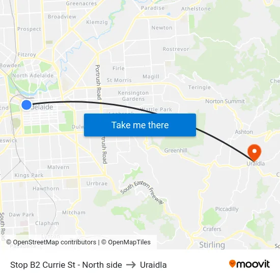 Stop B2 Currie St - North side to Uraidla map