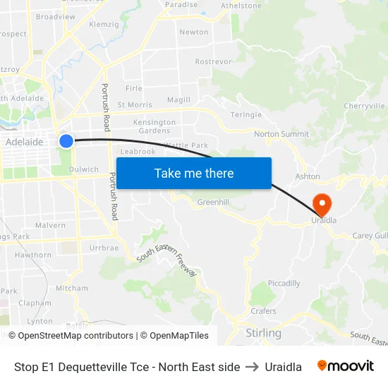 Stop E1 Dequetteville Tce - North East side to Uraidla map
