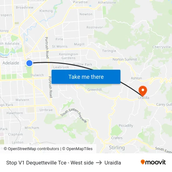 Stop V1 Dequetteville Tce - West side to Uraidla map
