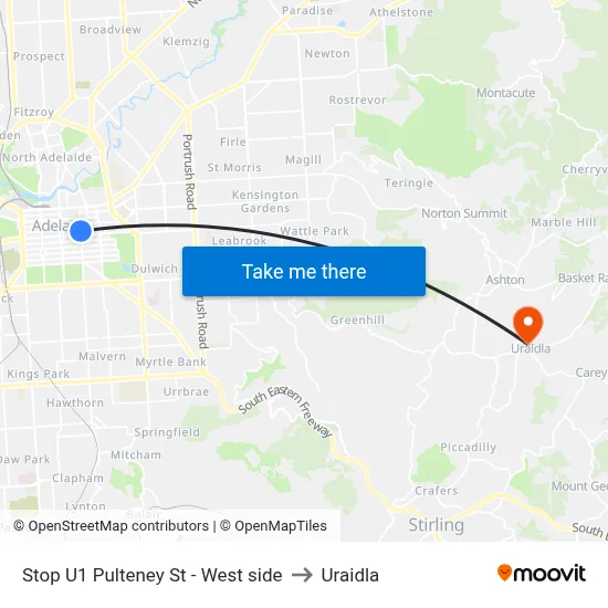 Stop U1 Pulteney St - West side to Uraidla map